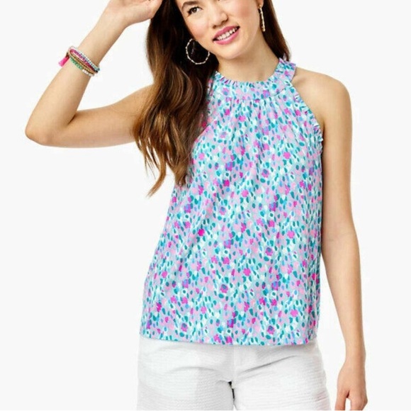Lilly Pulitzer Tops - Lilly Pulitzer Jerrica Blouse Top Halter Ruffle Print Cotton Flowy XL NWT
